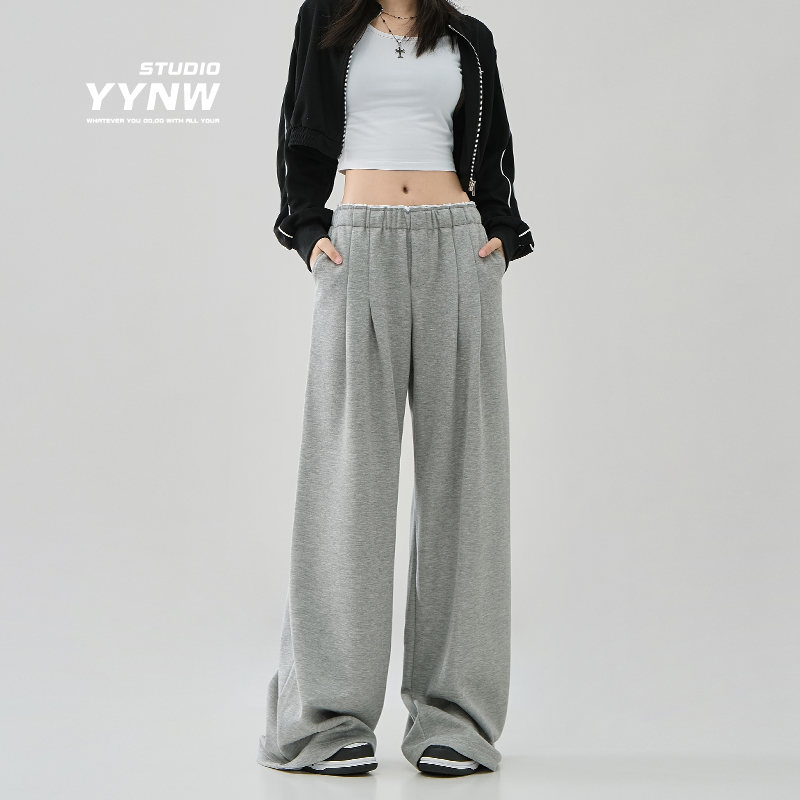 YYNW美式慵懒风高腰休闲裤女秋季新款宽松显瘦垂感百搭褶皱拖地裤