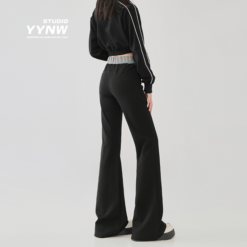 YYNW黑色微喇叭裤女秋季新款设计感小众高腰显瘦马蹄裤休闲运动裤