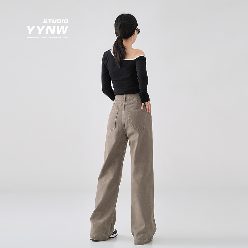 YYNW卡其色高腰阔腿牛仔裤女秋季新款复古废土风宽松显瘦拖地裤子