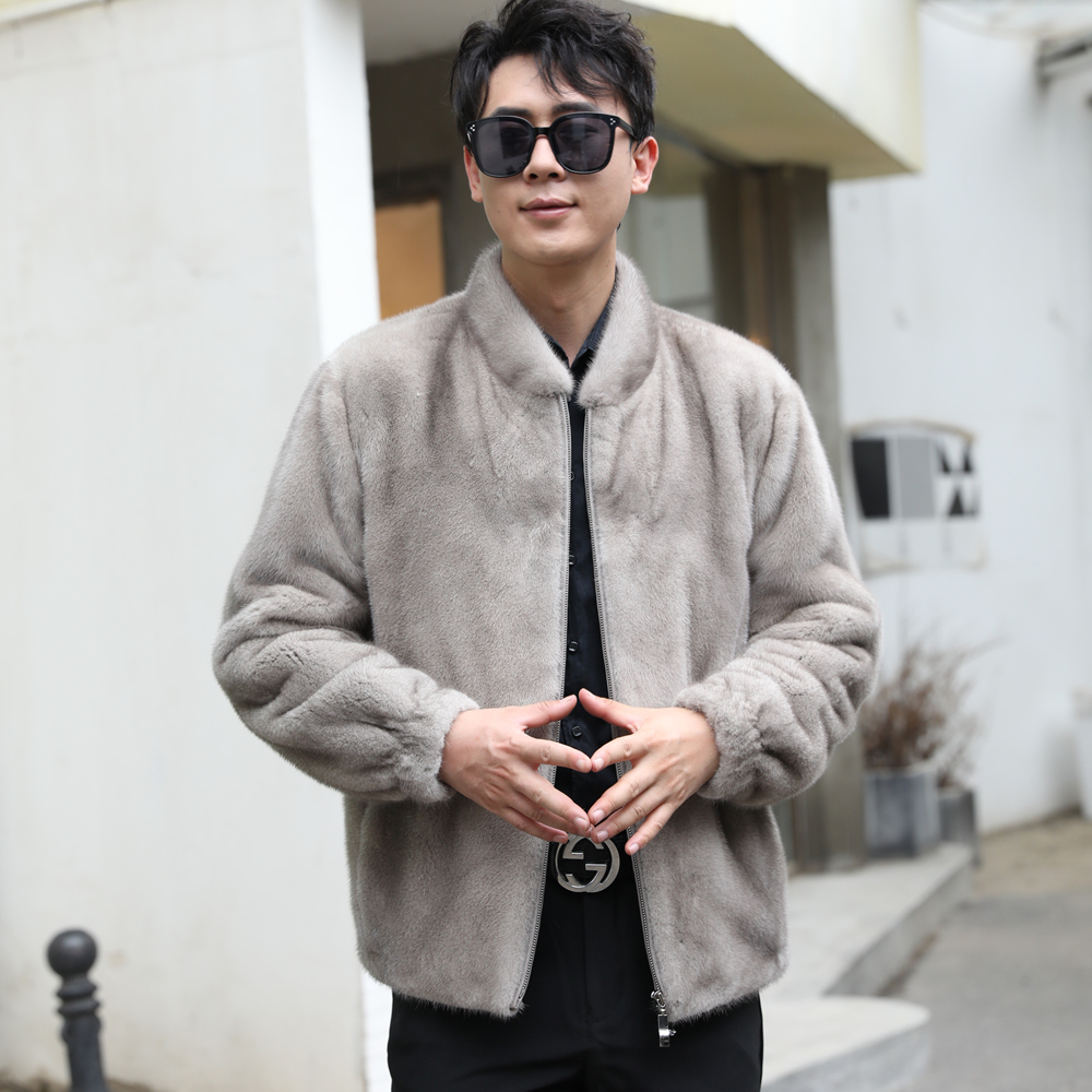 时尚休闲新款银兰棒球服貂皮外套男士水貂皮毛一体
