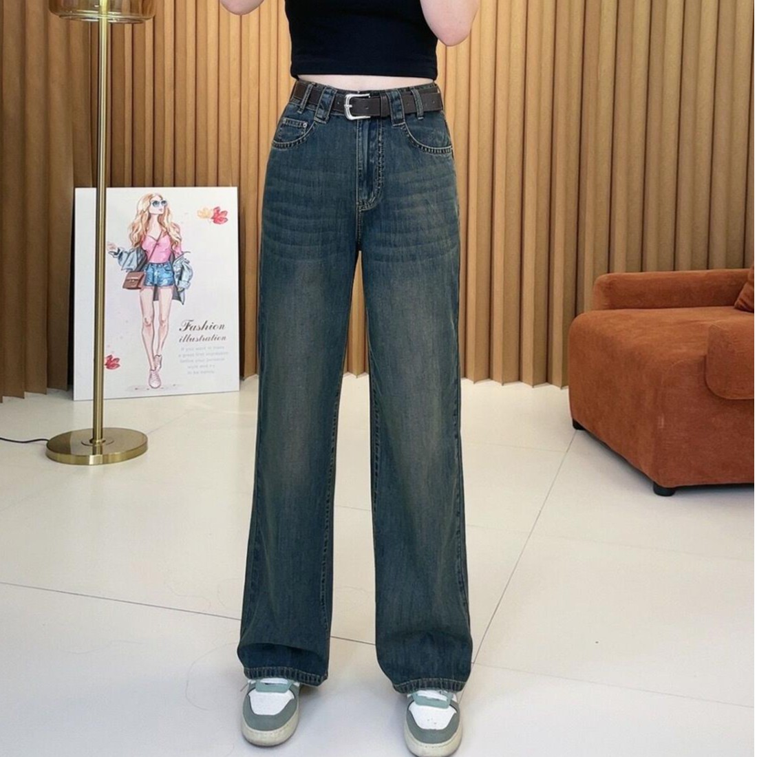 （配腰带）高腰加绒加厚牛仔裤女2024秋冬季宽松显瘦阔腿裤韩版百搭