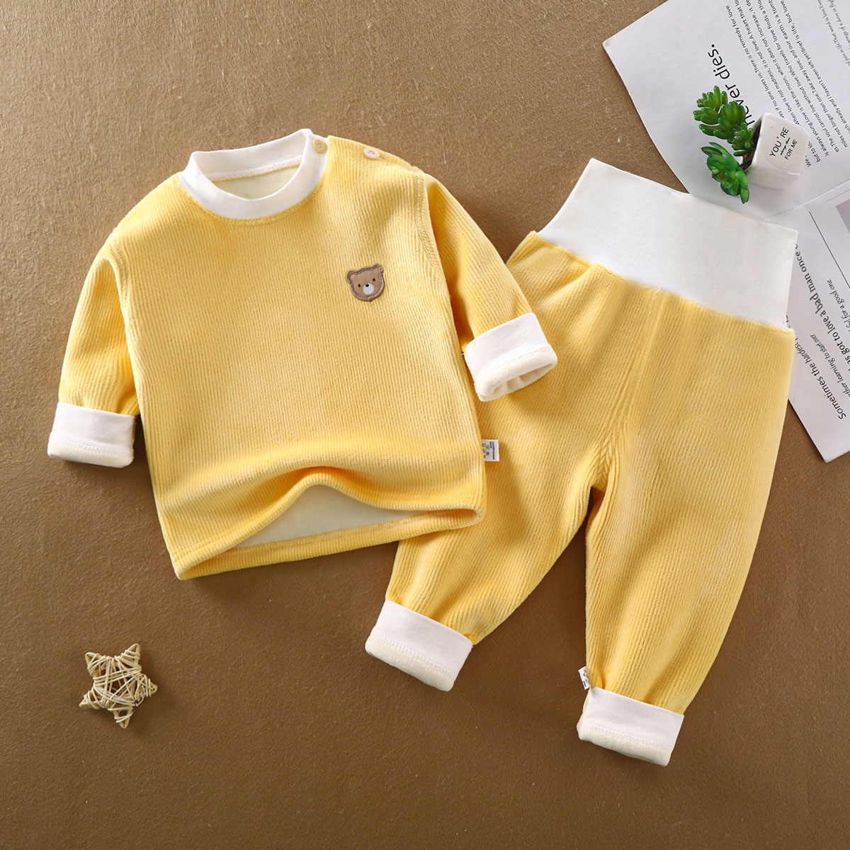 宝宝加绒秋冬儿童高腰护肚保暖内衣婴儿打底加厚春秋睡衣幼儿冬季