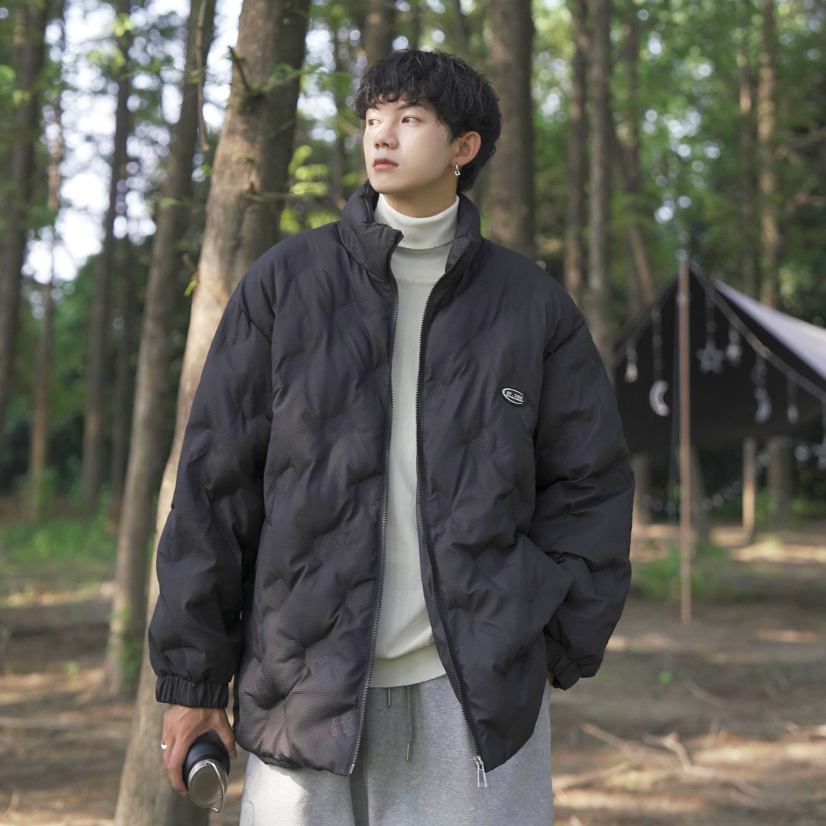 日系ins潮牌纯色加厚棉服cleanfit外套男女 冬季宽松菱格立领棉衣