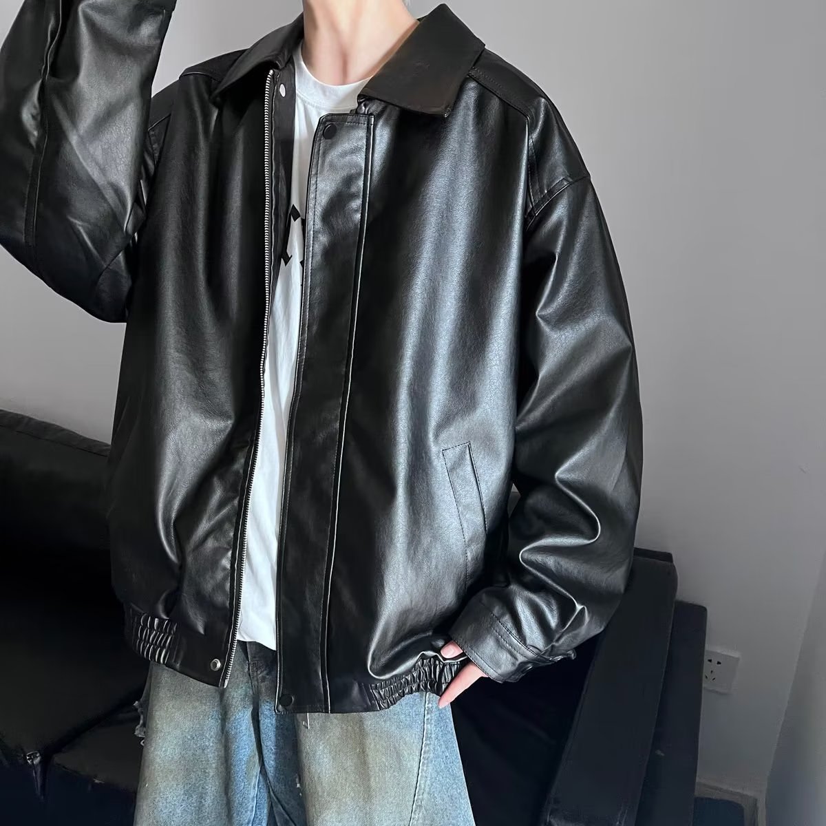 【小扬哥推荐】春秋季雅痞男士机车皮衣潮牌皮夹克外套翻领潮牌痞