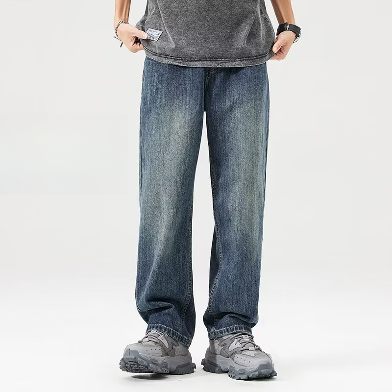 美式牛仔裤男宽松直筒加绒加长阔腿大码ins裤男秋冬新款男士休闲i