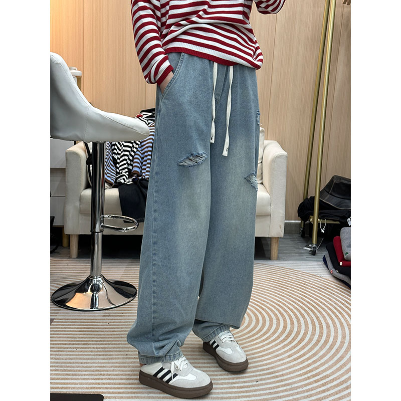 【清货啦】休闲复古阔腿潮流乞丐水洗直筒香蕉堆堆破洞牛仔长裤女