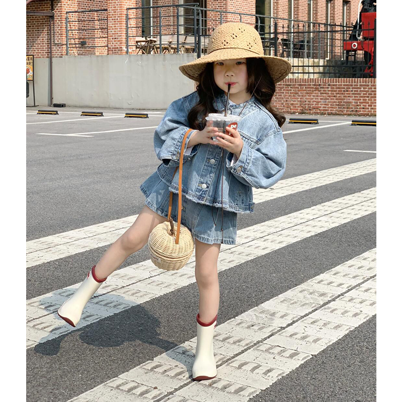壹妈韩版童装女童春秋网红套装儿童洋气牛仔外套上衣半身裙两件套