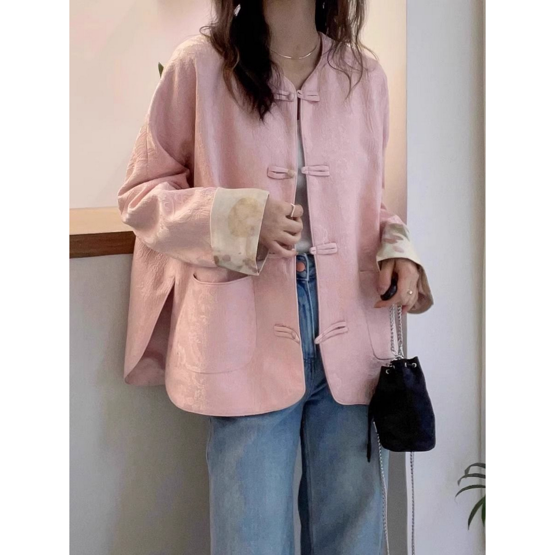 新中式轻国风提花外套女款春秋季大码胖mm拼接小香风气质开衫上衣