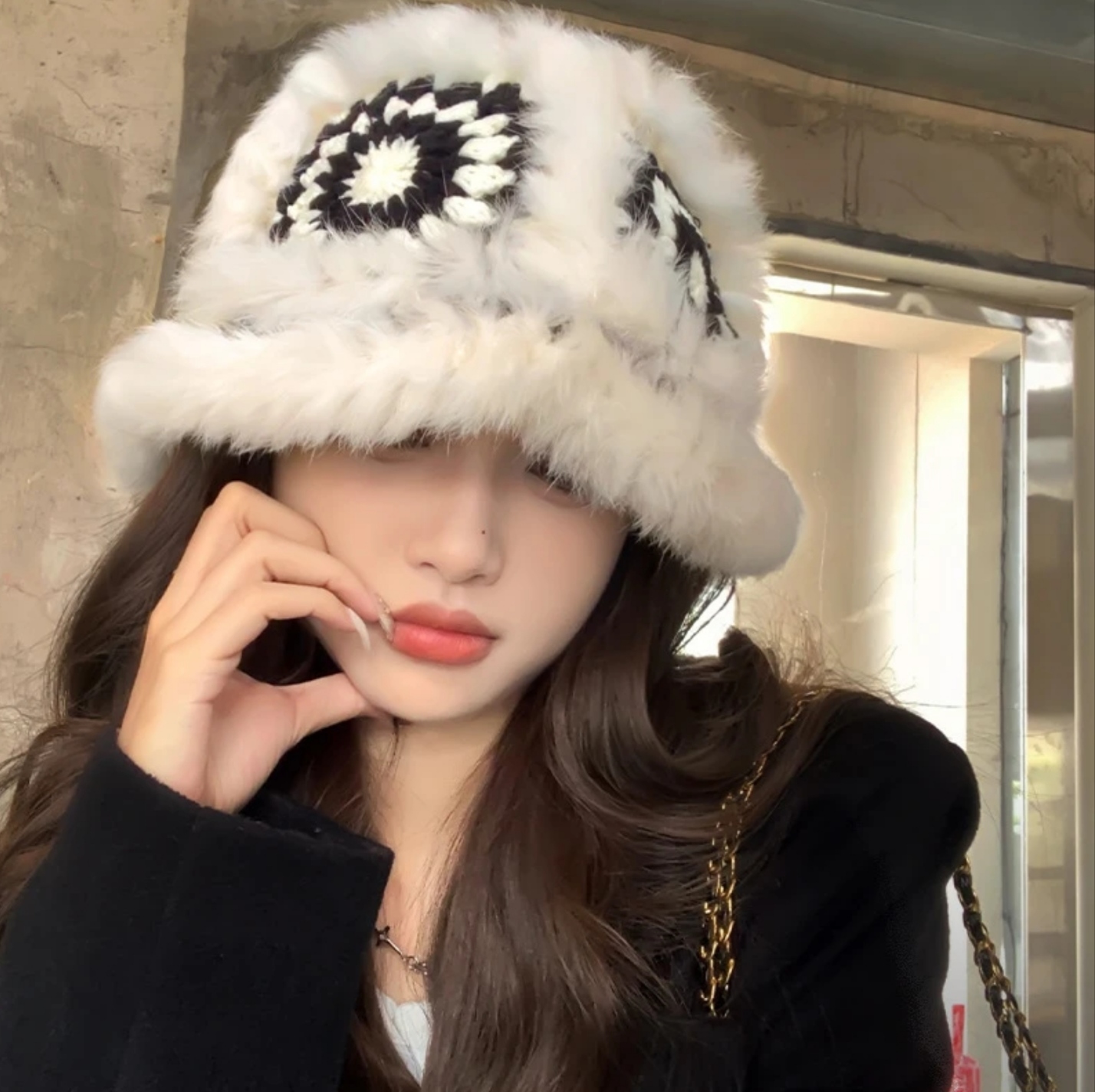 百搭醒狮帽防寒渔夫帽子秋冬保暖女可爱毛绒虎头帽大头围手工针织