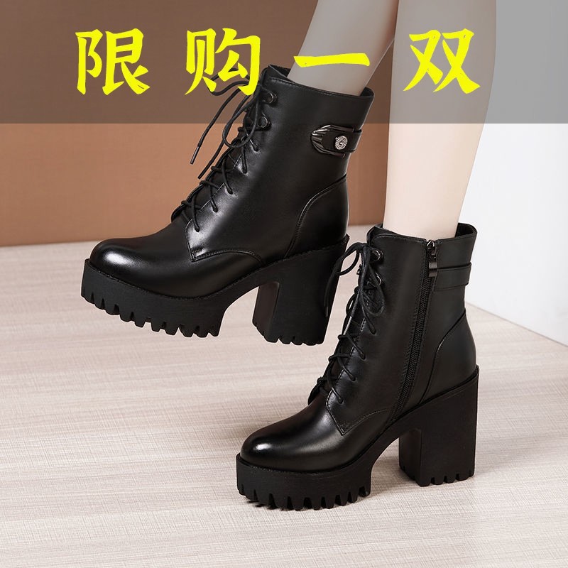 红蜻蜓牌真软皮高跟马丁靴女2023秋冬新款加绒系带中筒靴防水台