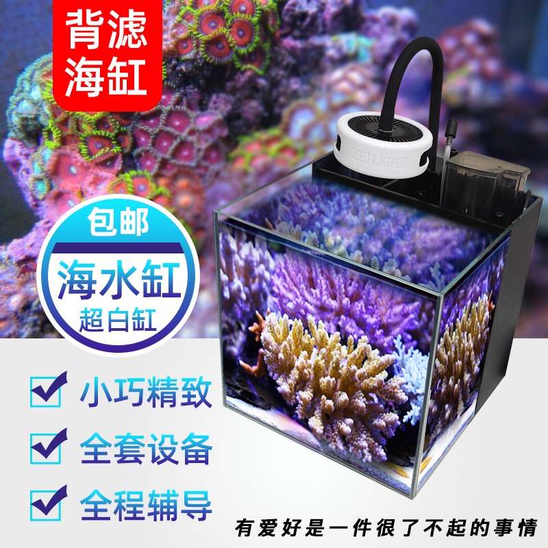 海水缸全套办公客厅桌面创意小型微缸珊瑚小丑鱼海缸超白背滤方缸