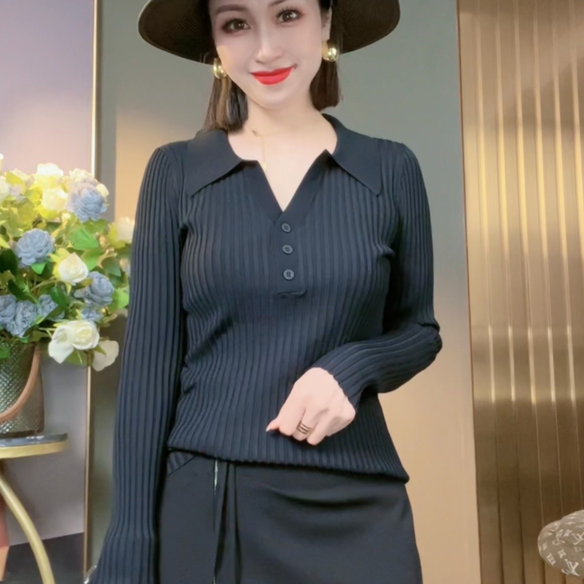 【自成焦点】2023秋季洋气百搭长袖时尚翻领显瘦半门禁时尚翻领毛衣