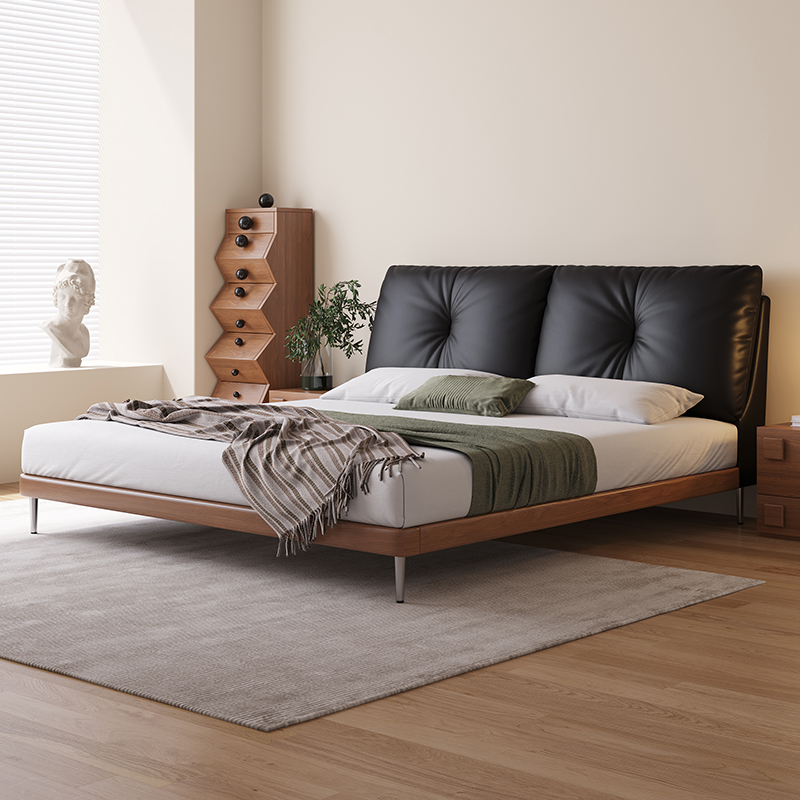 【过冬神器】bf面包床白蜡木中古风轻奢大床主卧真皮床意式简约F22