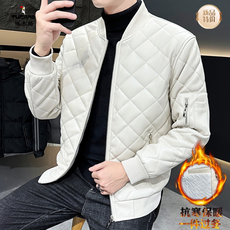啄木鸟PU皮衣男夹克加棉加厚棉袄立领潮牌秋冬款菱形棉服保暖外套