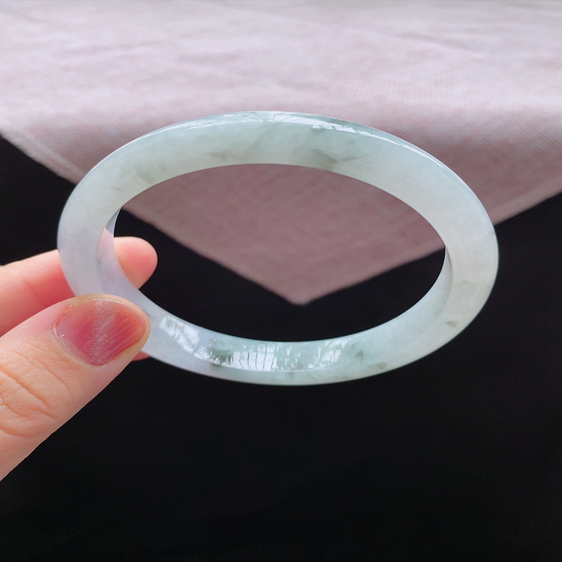 55圈24740冰糯种飘翠绿色花翡翠手镯子平安镯玉环好种水润天然A货