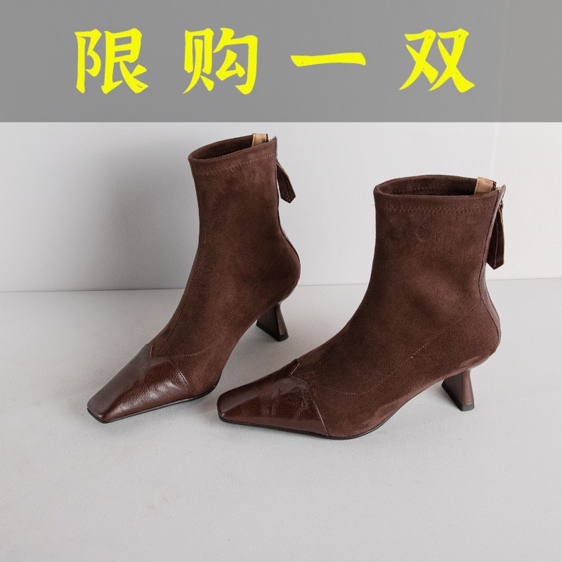 百丽纯爱秋冬显瘦复古弹力靴百搭后拉链扇形跟6cm-63