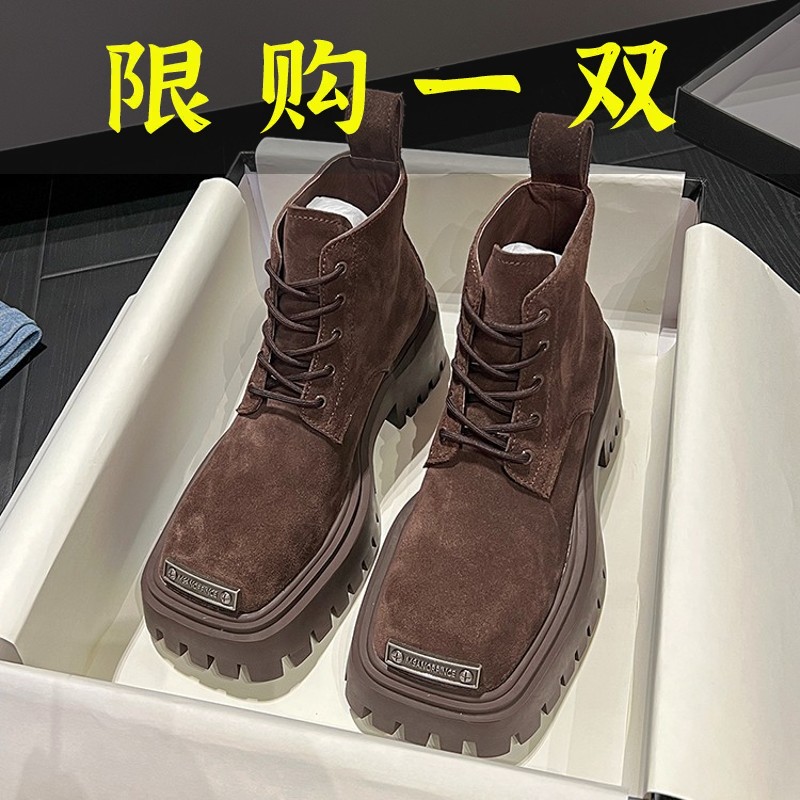 百丽纯爱2023秋季款磨砂真皮方头马丁靴女英伦风厚底切尔西套筒