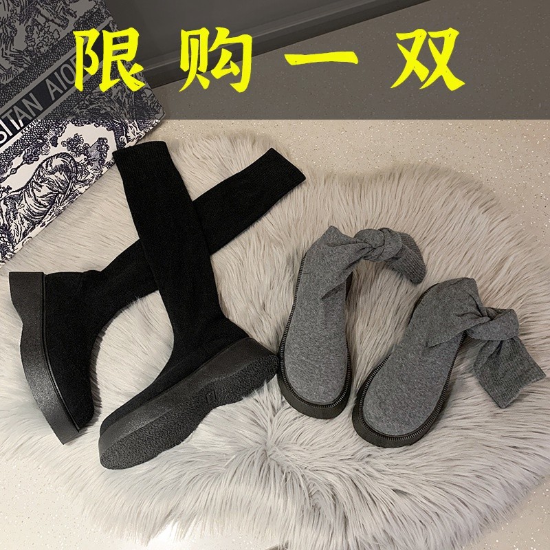 百丽纯爱灰色长筒靴女高筒袜靴新款鞋春秋弹力靴袜子靴厚底过膝