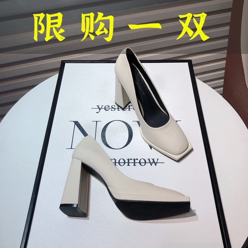 百丽纯爱复古粗跟奶奶鞋女2023新款气质优雅方头超高跟单鞋软皮