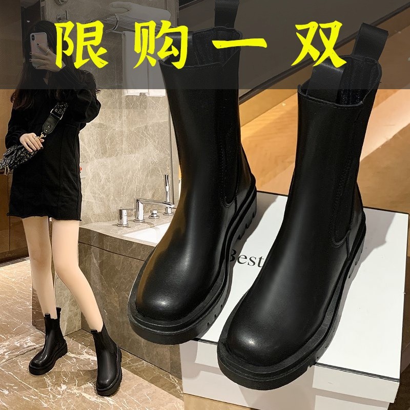 百丽纯爱烟管马丁靴女鞋子2023春秋新款时尚百搭中筒靴厚底短靴