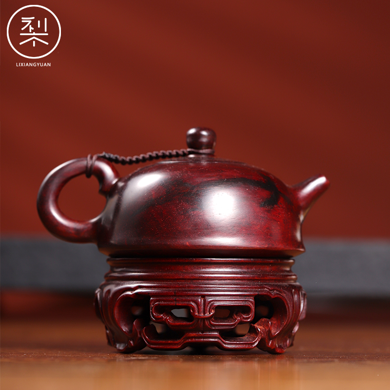梨香院印度小叶紫檀木茶壶摆件带底座复古中国风雕刻小件纯手工
