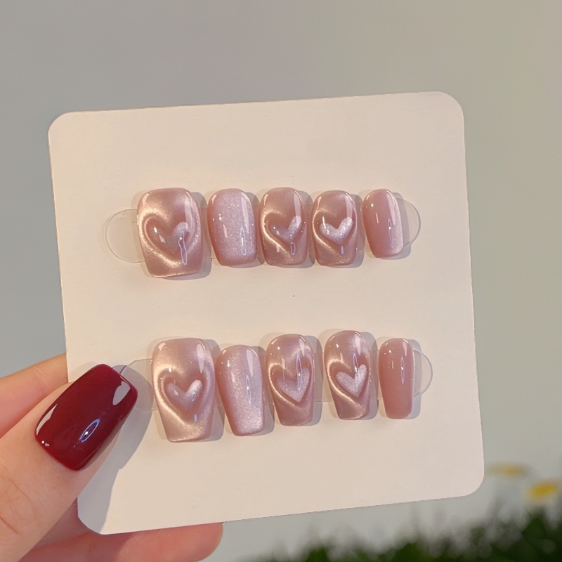 心动讯号纯手工光疗穿戴甲粉色猫眼可拆卸式美甲高级感爱心恋爱脑