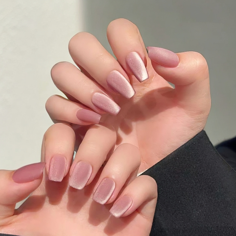 红豆沙丝绒猫眼短款显白猫眼磨砂感穿戴美甲贴片纯手工丝绒材质