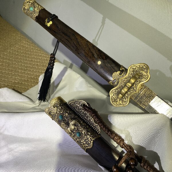 龙泉刀剑冷兵器麒麟唐横刀密炼天梯纹黑檀木铜装未开刃