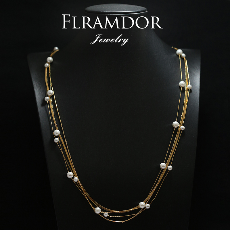 铜合金仿珍珠项链 四层叠戴项链蛇骨锁骨链百搭复古金色气质颈链