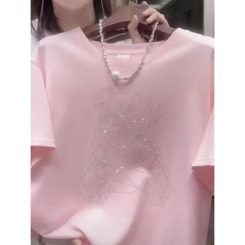 粉色烫钻短袖T恤女士2023夏季新款欧货洋气减龄圆领半袖体恤上衣