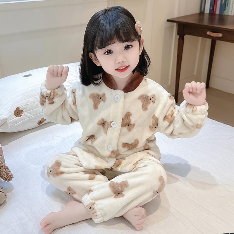 女童睡衣秋冬季法兰绒分体套装儿童小童宝宝加绒加厚珊瑚绒家居服