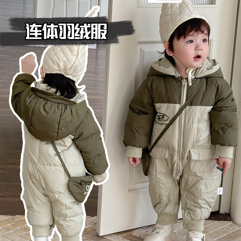 【浮力】2024年款90白鸭绒婴幼儿冬季保暖连帽加厚儿童连体羽绒服