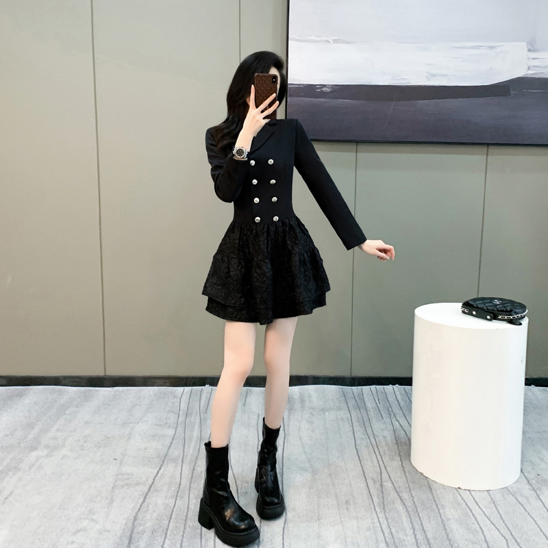 设计感小众黑色小香风礼裙拼接蓬蓬裙女秋季收腰长袖西装连衣裙子