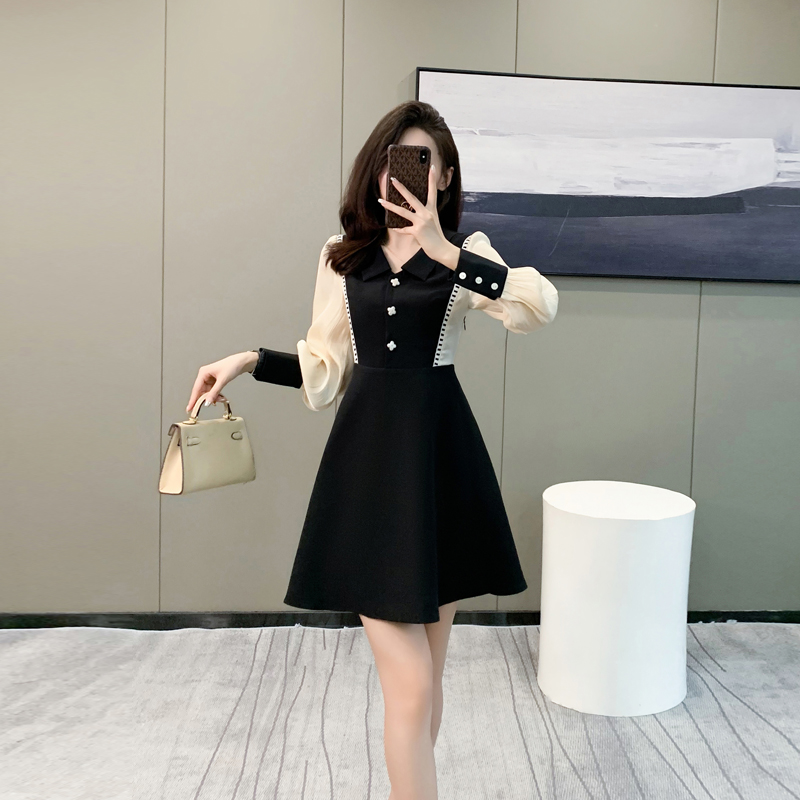 长袖连衣短裙女春秋季法式黑色名媛裙子小个子赫本风小黑裙连衣裙