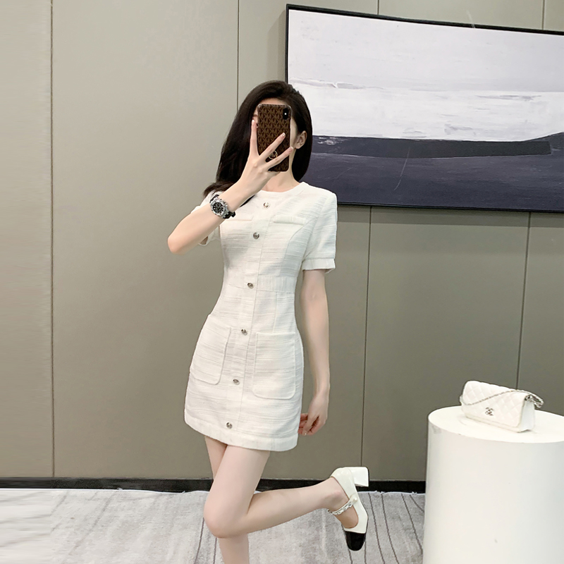 正式场合法式裙子高端精致气质显瘦白色小香风连衣裙女夏季小个子