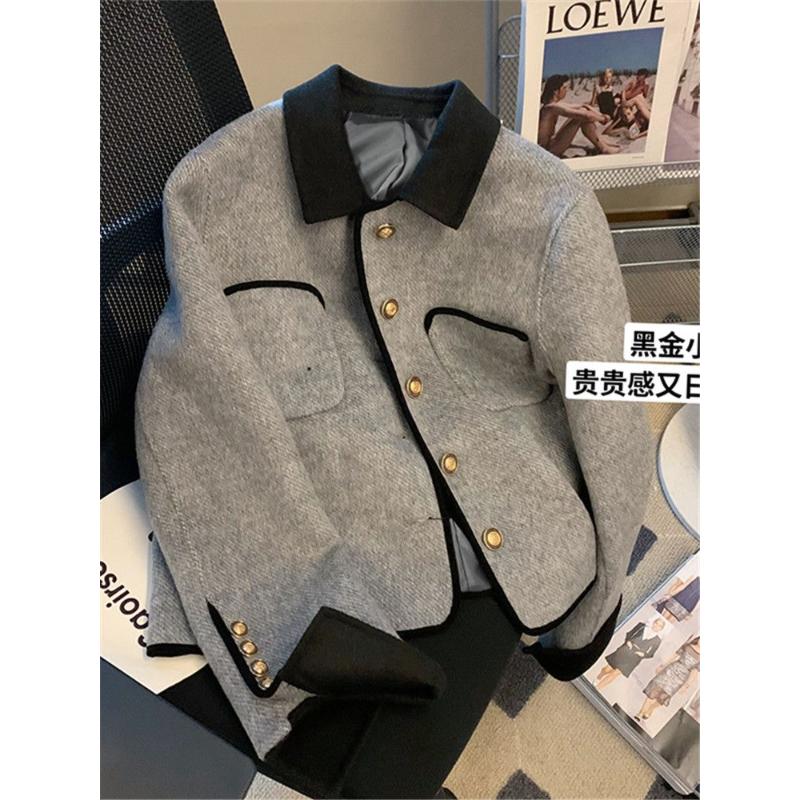 小香风休闲翻领毛呢外套女年2023春秋新款轻奢感短款气质显瘦上衣