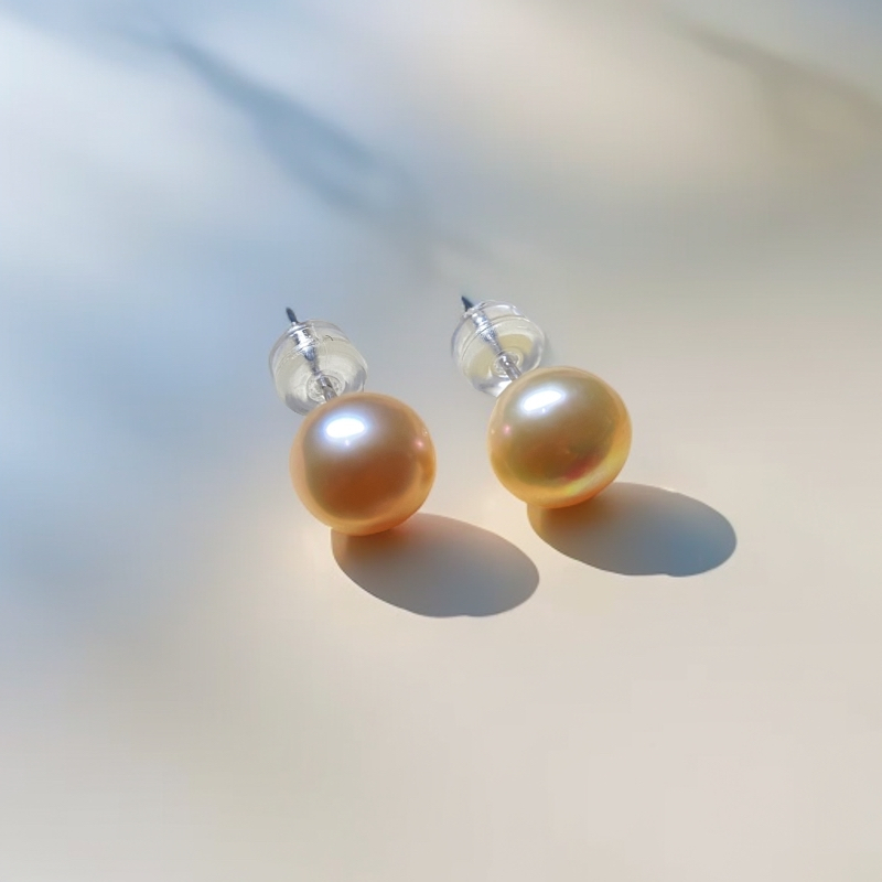 淡水无核珍珠粉金色8mm气质简单时尚耳钉珍珠耳饰耳饰