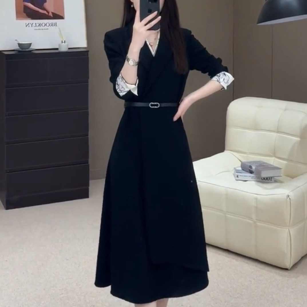 现货（送腰带）2025秋季新款气质优雅休闲系带长袖拼接连衣裙S-XL