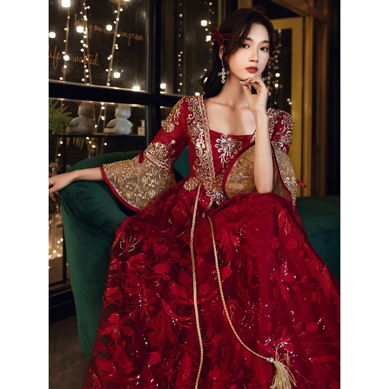 方领中式蕾丝敬酒服新娘2025新款夏季显瘦结婚订婚礼服裙女遮肚子