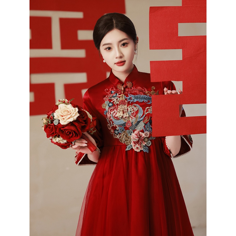 红色中式旗袍敬酒服2025新款结婚回门遮肚子孕妇大码胖mm显瘦礼服