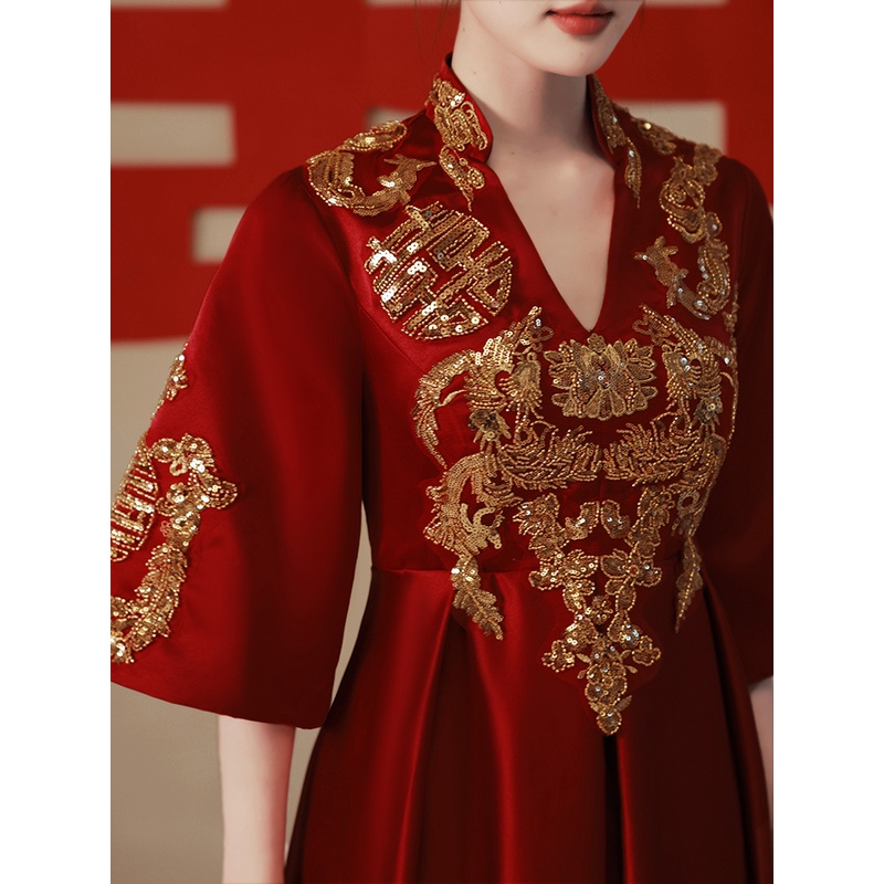 中式气质订婚敬酒服新娘孕妇大码显瘦红色结婚回门秀禾服遮肚子女