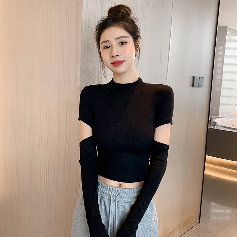 黑色半高领打底衫女内搭露脐上衣2024春季新款辣妹装修身年轻长袖