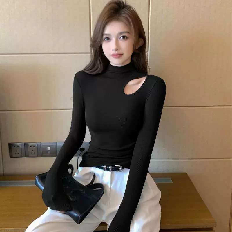 螺纹黑色半高领打底衫女秋冬内搭镂空长袖t恤百搭设计感中领上衣