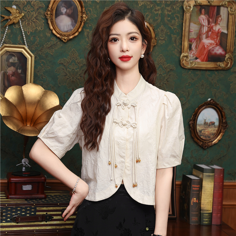 2024夏季新款时尚雪纺短袖上衣女新中式国风文艺简约盘扣提花衬衣