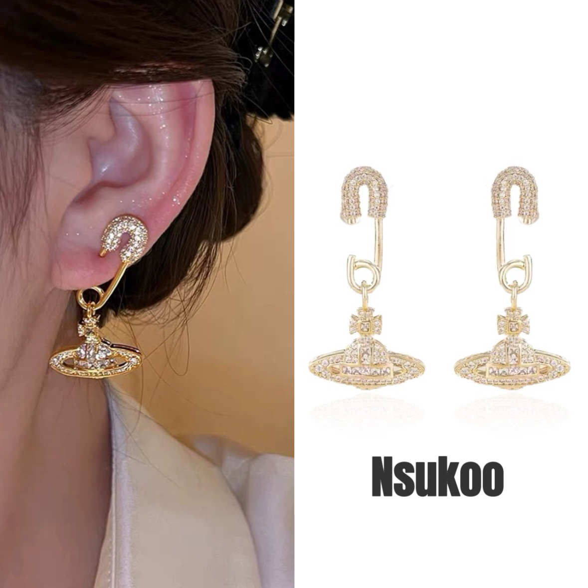 铜合金合成锆石耳饰 E0238 轻奢时尚别针土星潮酷个性韦雪耳环