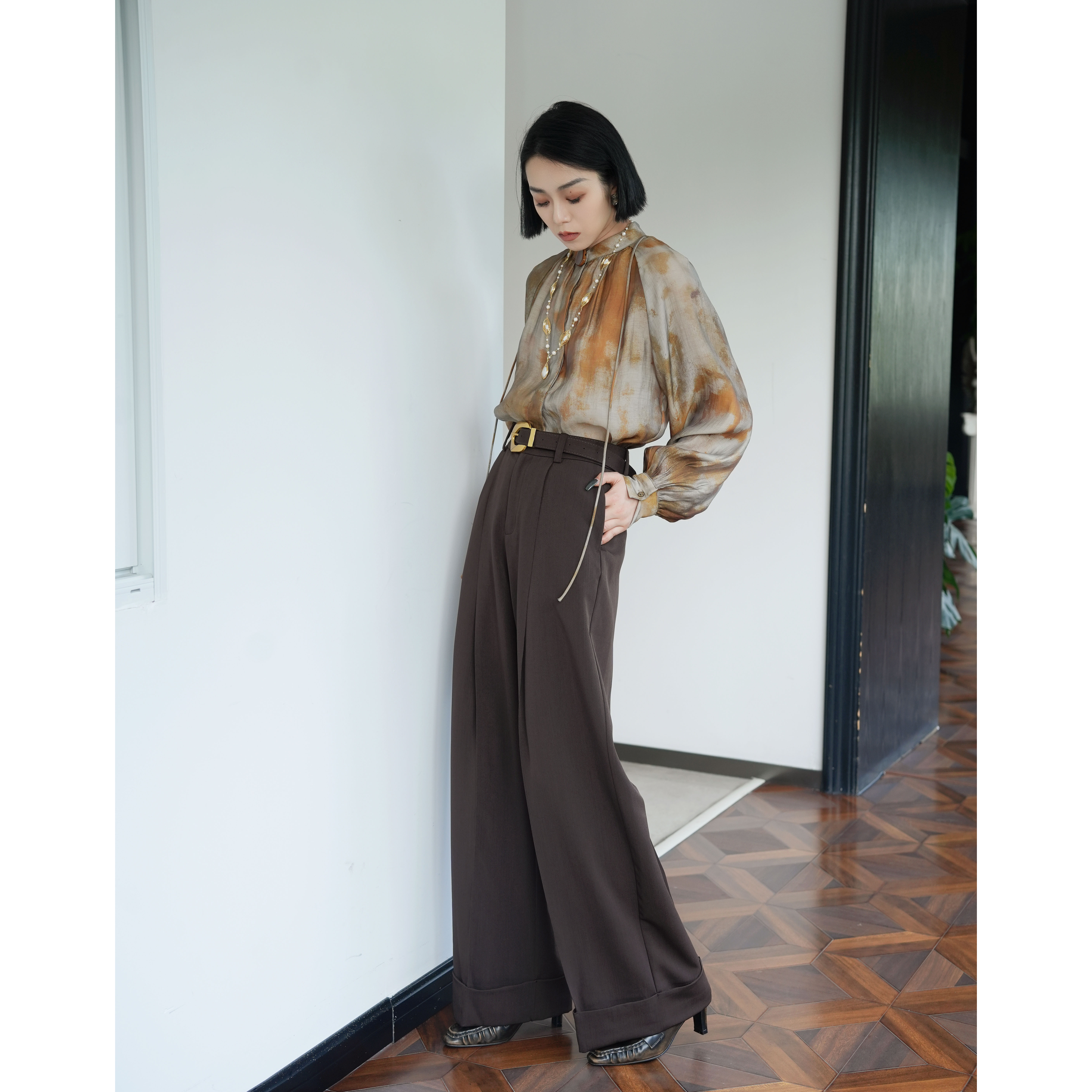 简约慵懒风百搭 复古腰带直筒裤休闲裤