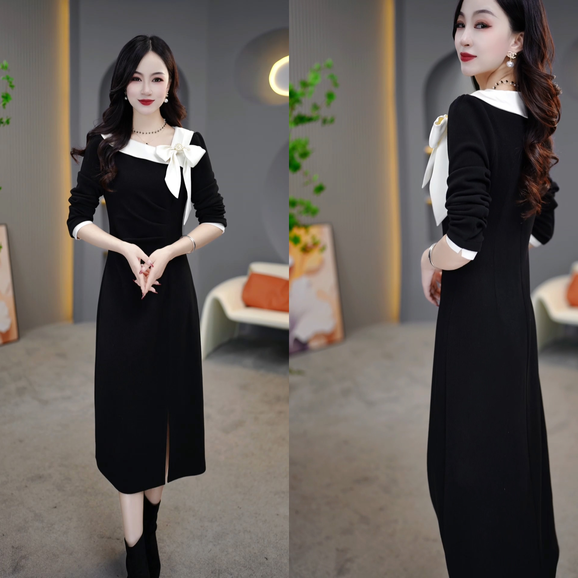 2024秋冬长袖时尚女士黑色修身设计师款优雅气质连衣裙M-4XL