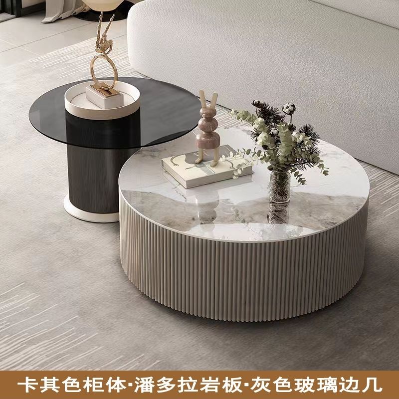 轻奢奶油风岩板茶几现代简约小户型大小圆家用客厅茶几组合电视柜