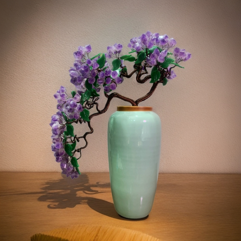 【岩岩手工坊】天青中式色釉青瓷陶瓷净透水晶树创意汝窑摆设点缀