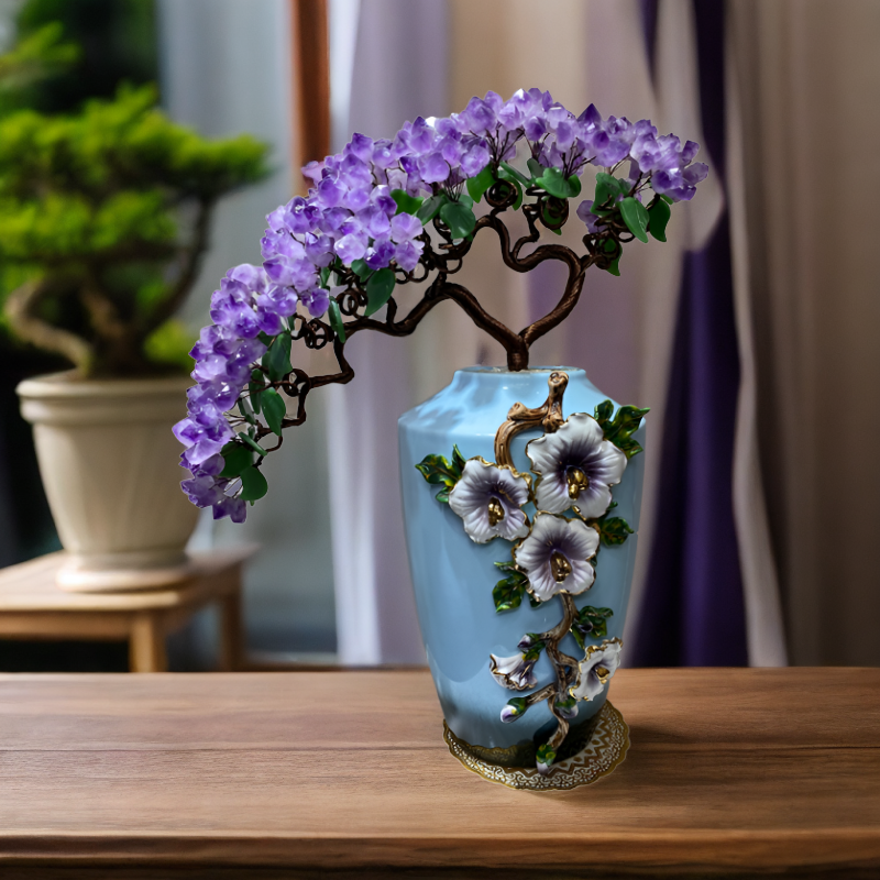【岩岩手工坊】轻奢蓝色调简约花开富贵紫水晶树精美陶瓷居家摆件